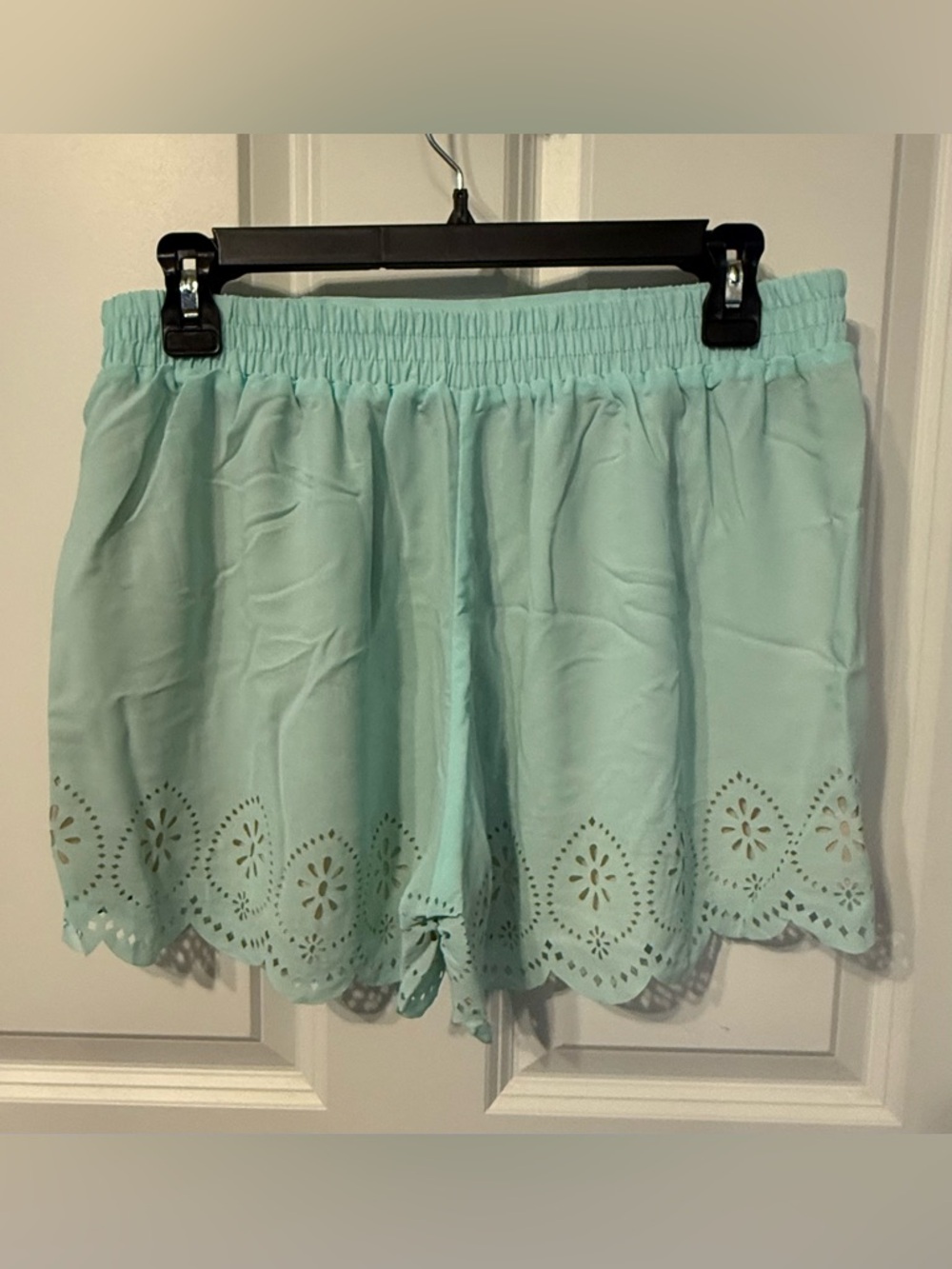 Freestyle Revolution Light Aqua Eyelet Scallop-Hem Women's Shorts - Picture 2 of 7